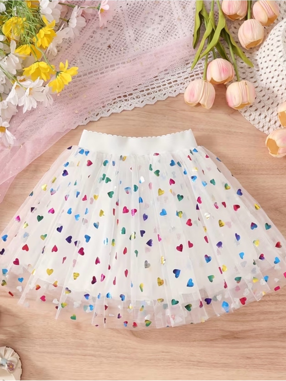 New Girls White Tulle Skirt with Multicolor Heart Print